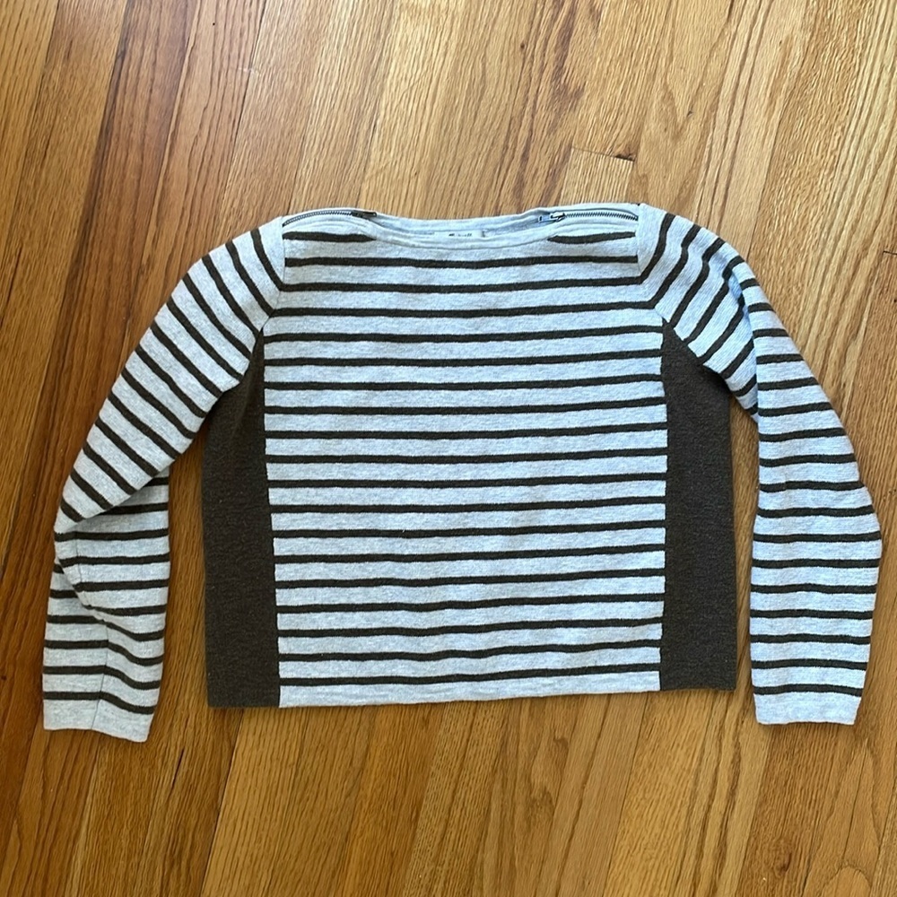 Madewell Olive Green Grey Stripe Zip Crop Shoulder Knit Top Sweater Women S